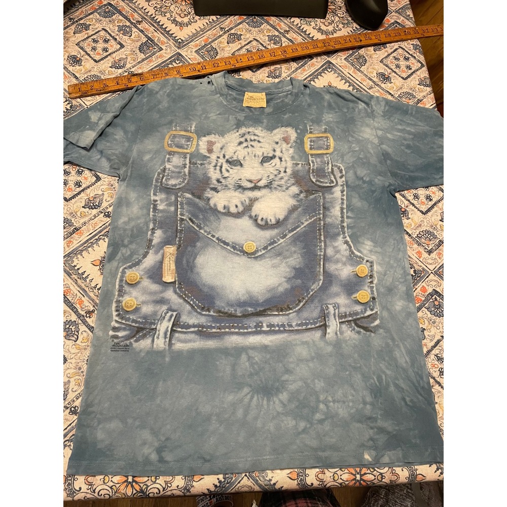 Vintage The Mountain White Tiger Overalls Tie Dye Shirt Blue XL Distressed
